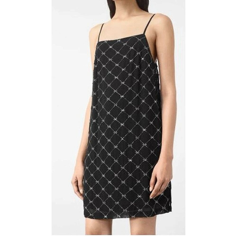 AllSaints Beaded Sequin Embroidered Sleeveless Cami Camisole Black Mini Dress 0